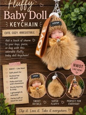 Fluffy Sleeping Baby Doll Keychain: Brown Plush Pom Pom with Bow